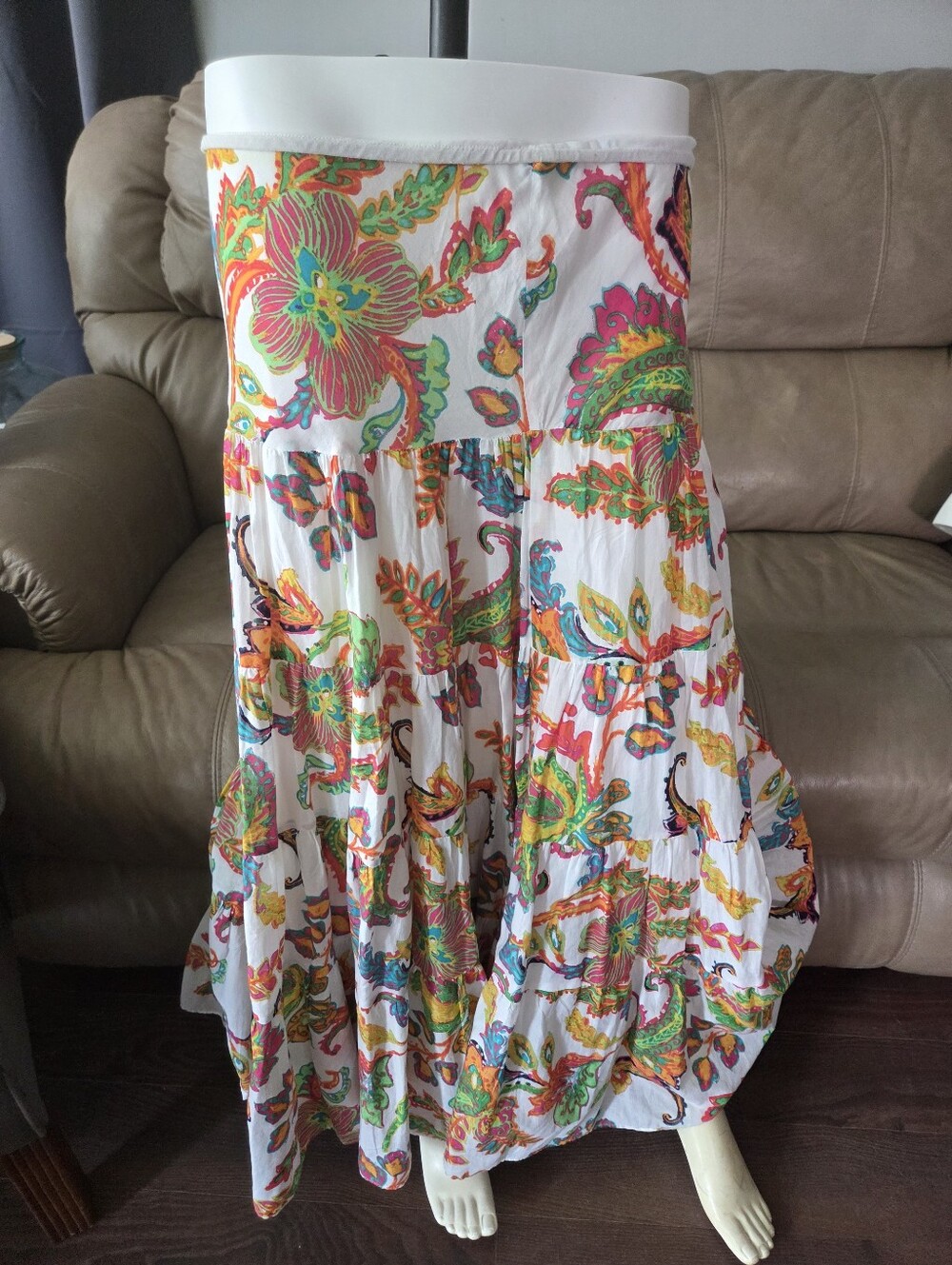 Vintage Ralph Lauren Paisley White Tiered Maxi Skirt with Bright Florals